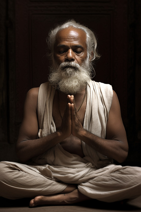 A Hindu sage deep in meditation and prayer.