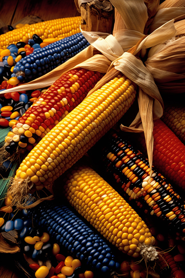 An image of the many colors of corn, yellow, red, white, purple and blue.