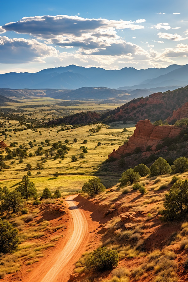 An early morning picture of an old, dusty road turning the corner in Southern Colorado.