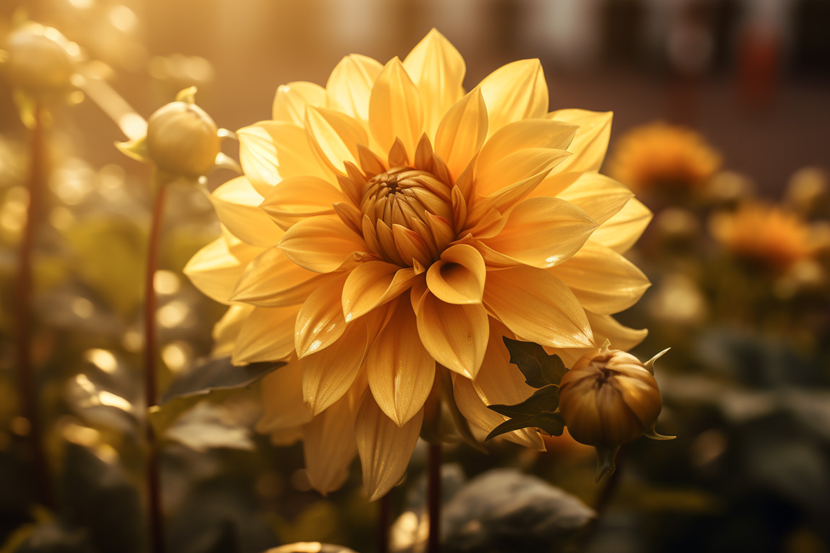 A panoramic view of a blossoming golden flower.