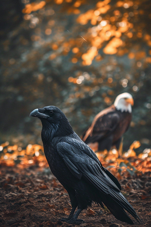 A black crow and bald eagle in nature.