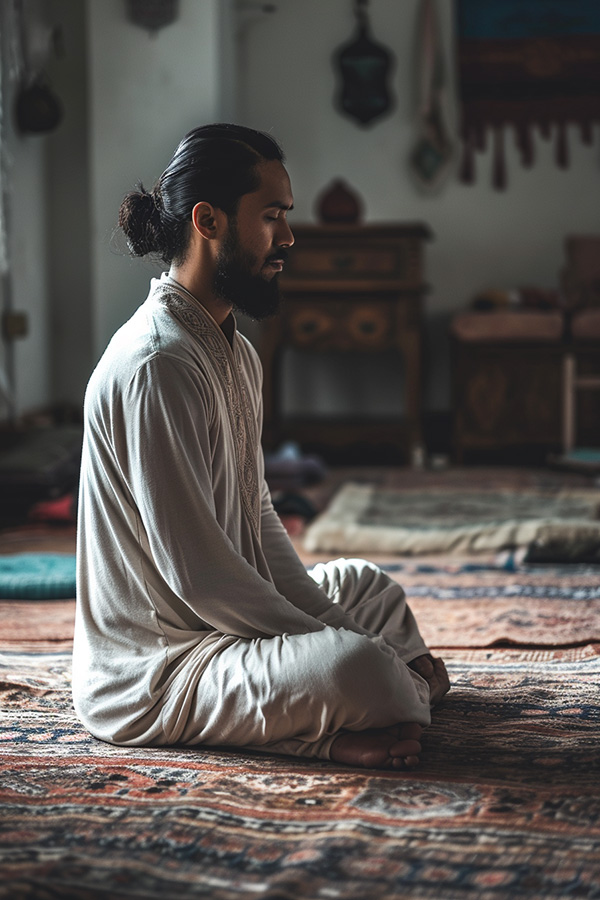 A man deep in prayer while meditating on elegant Oriental rugs.