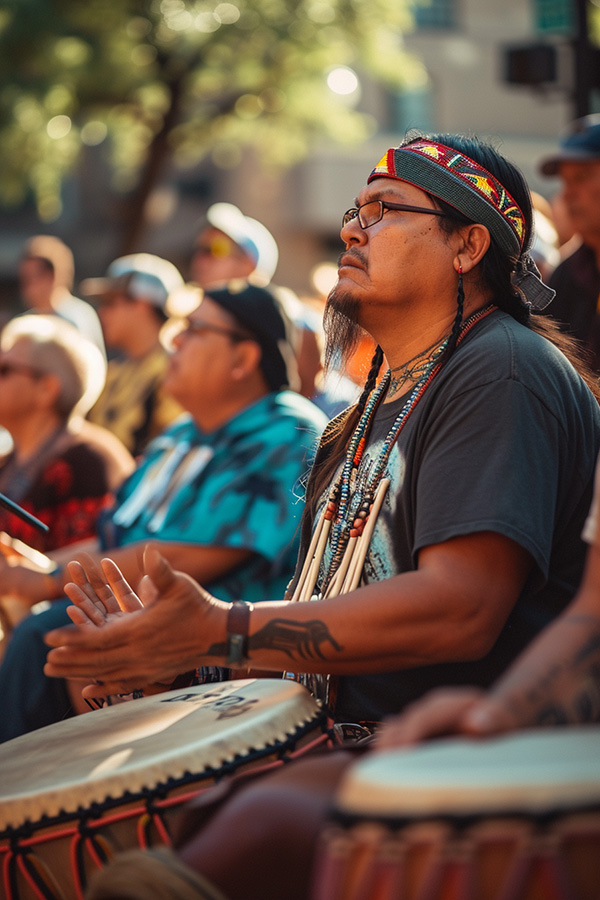 An Indigenous American performing in a drumming circle and public ceremony.