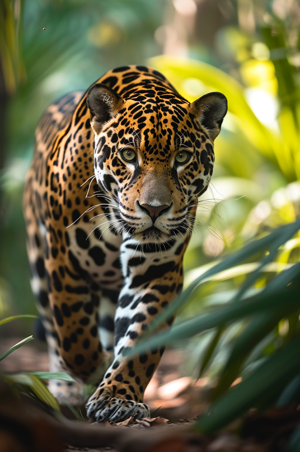 A male jaguar in the forest of Central America.