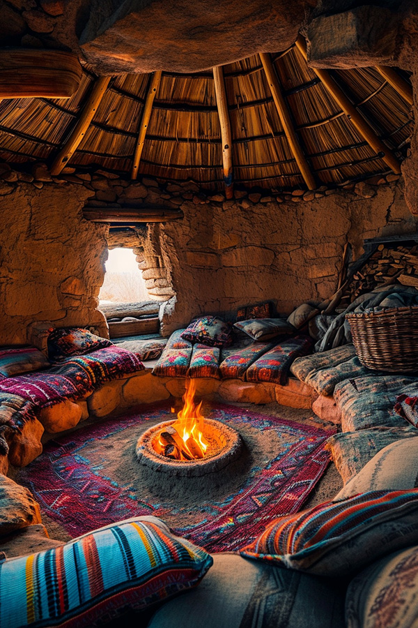 An interior view of a Native American Kiva with cushions and pillows surrounding a small fire pit.