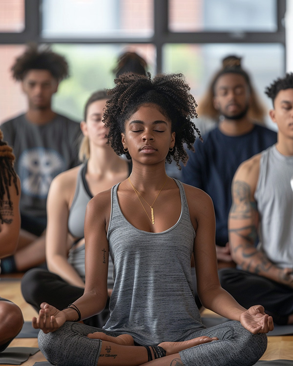 A group meditation featuring blended genders, ethnicities and bodytypes.